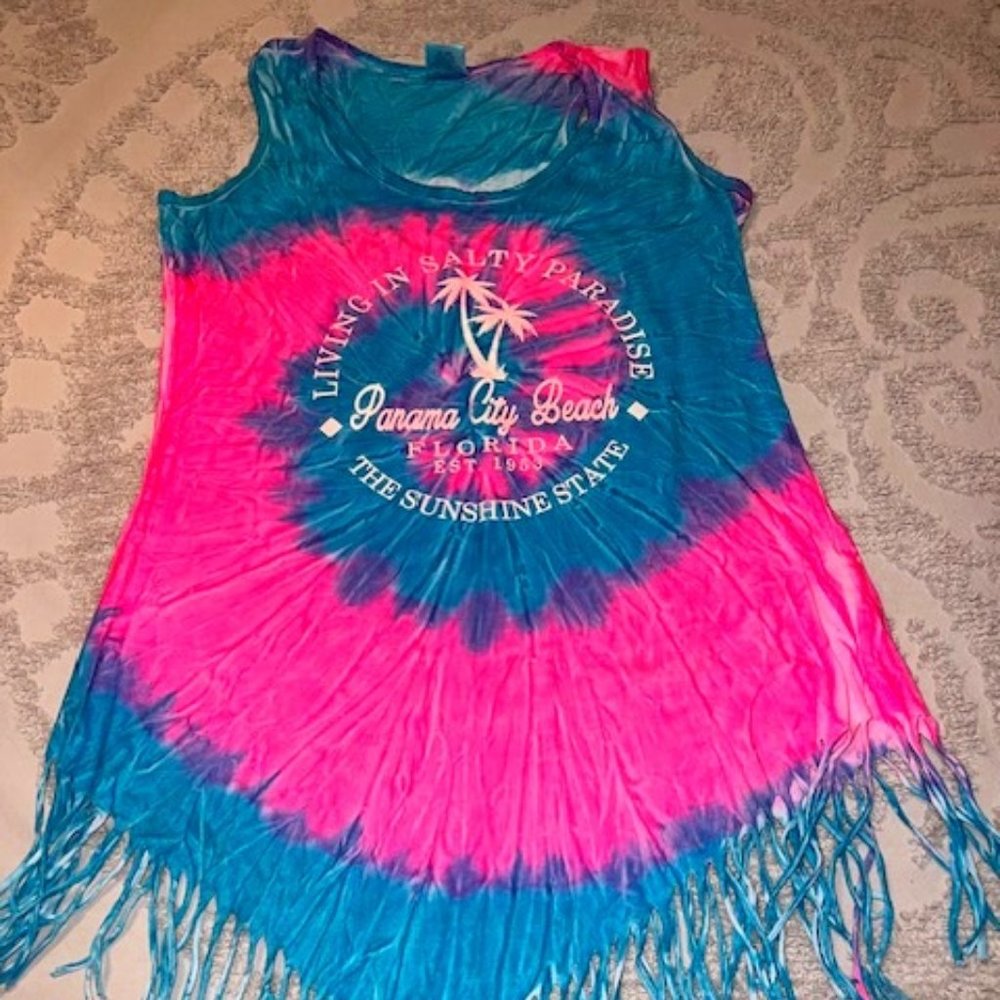 Tie dyed PCB tank or swim cover up with fringe